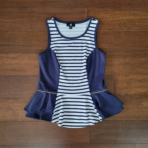 iZ Byer Navy & White Striped Peplum Dressy Sleeveless Top Junior's Size L - Picture 3 of 8